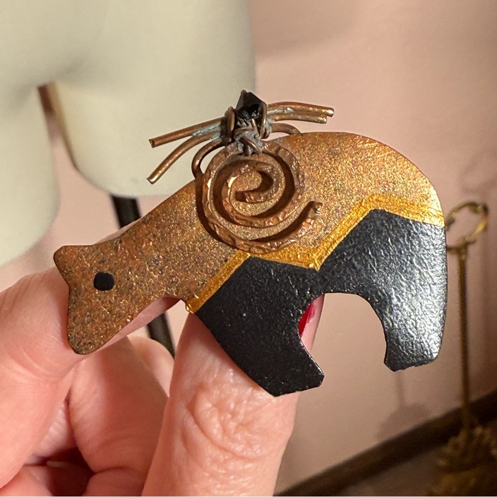 Vintage southwestern mixed metal enameled sun bear brooch pendent